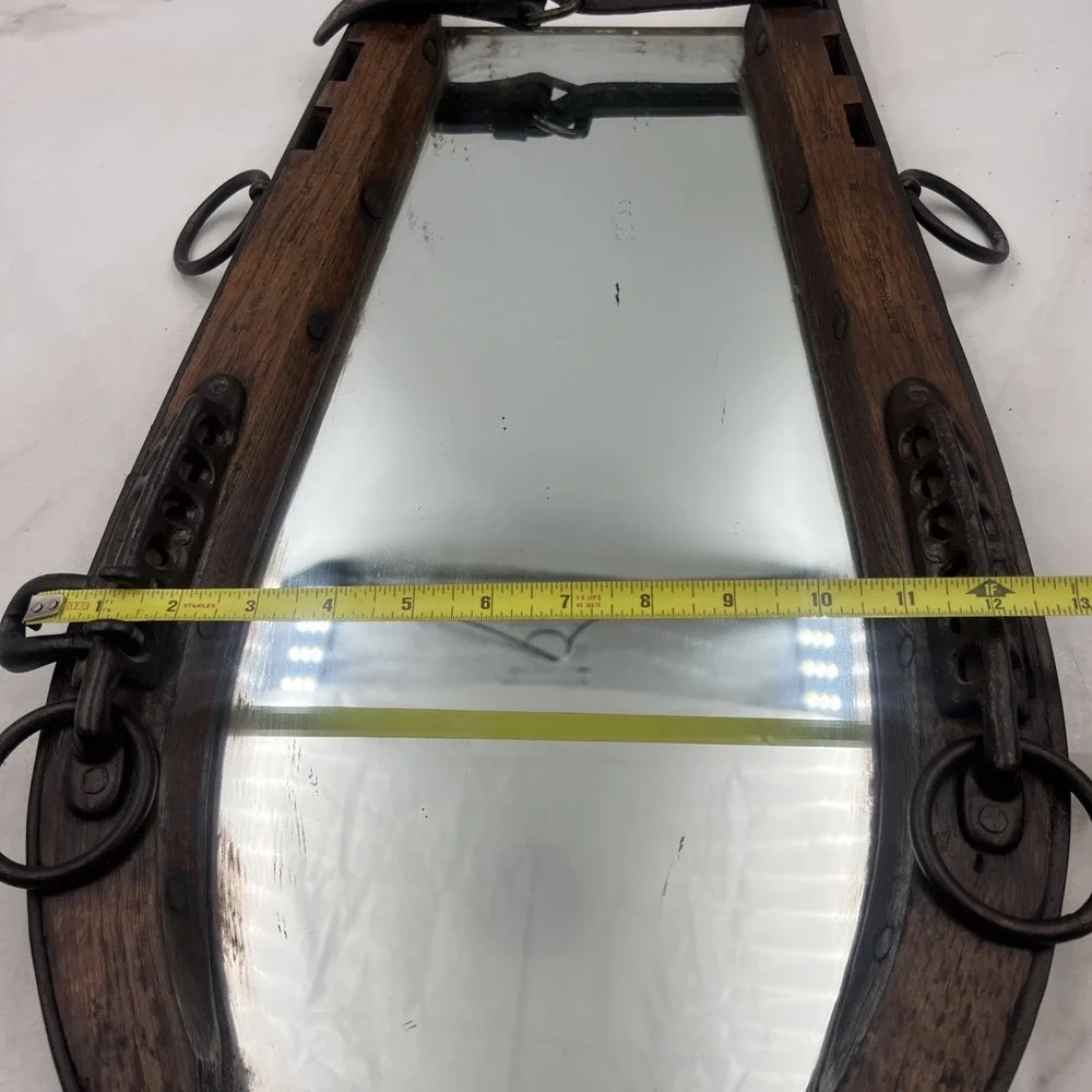 Antique Horse Harness Mirror Rustic Equestrian Decor Wood Iron Leather Wall Art